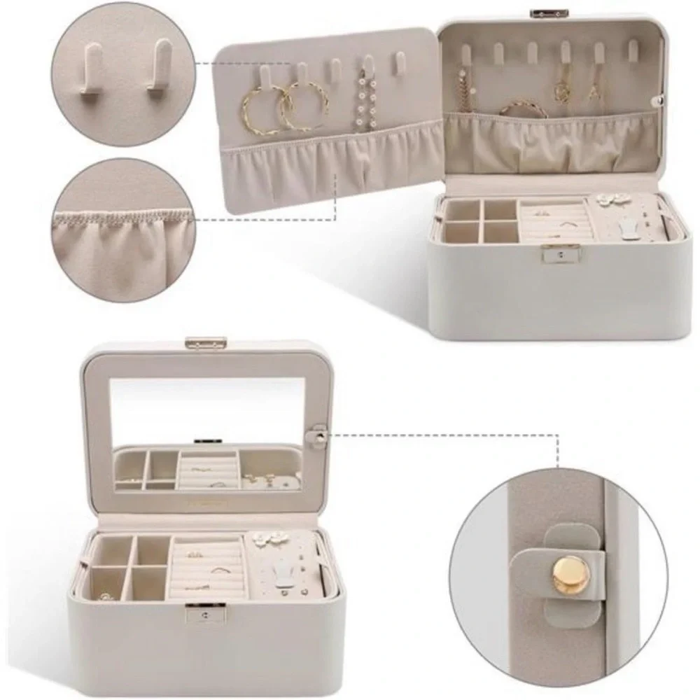 Kamier 2-Tier Beige Jewelry Box with Mirror